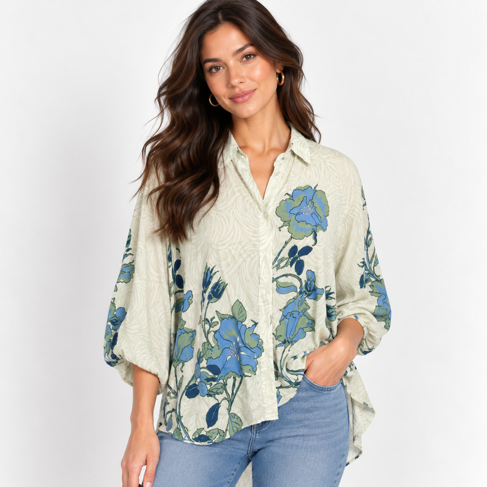 Anthropologie Bl^nk London Zella Shirt L Blue Floral Oversized Dolman Blouse